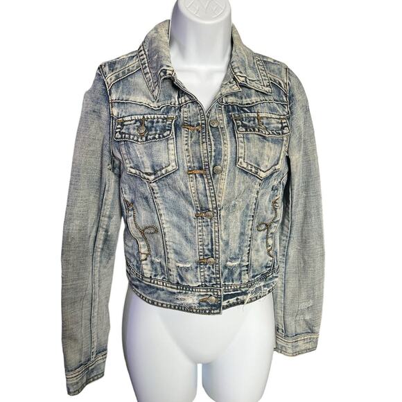 ...Lost light wash distressed denim jean jacket button up small - Picture 1 of 8